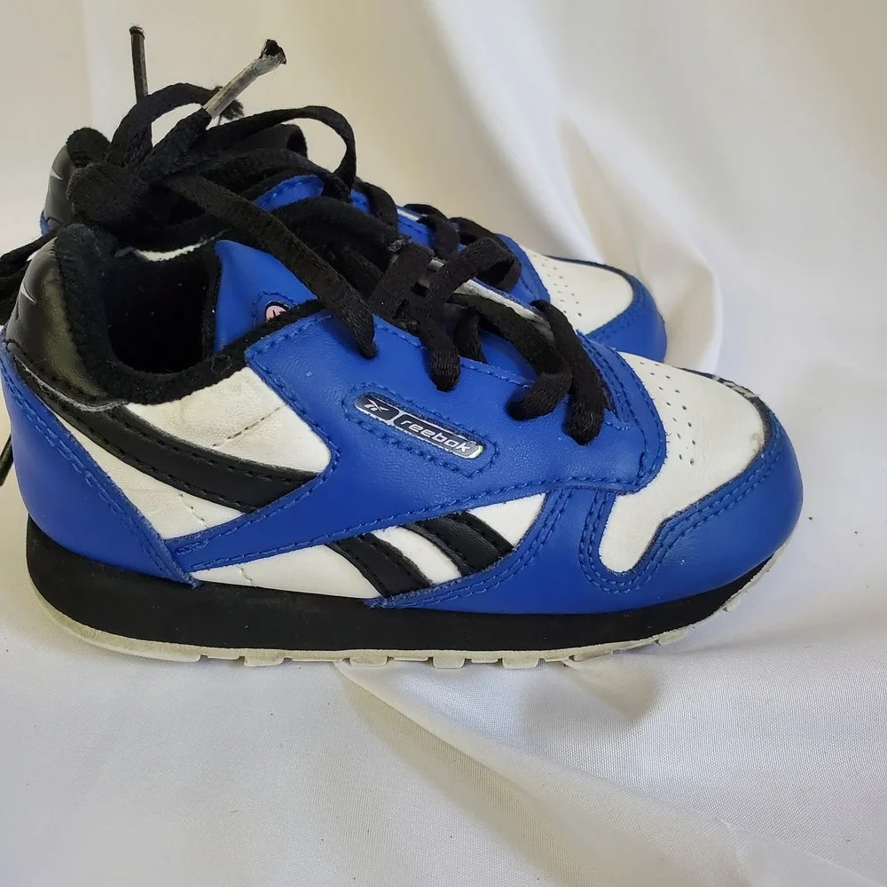 Reebok Classic Leather Infants Running Shoes‎ Blue/Black/White 7